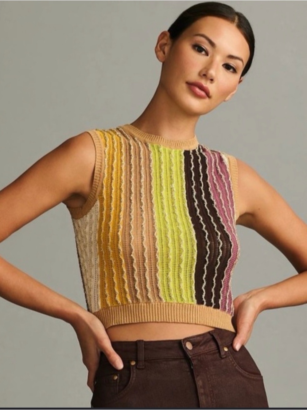 Anthropologie Sleeveless Multi-Stripe Knit Crop Top - Tan, Yellow, Lime